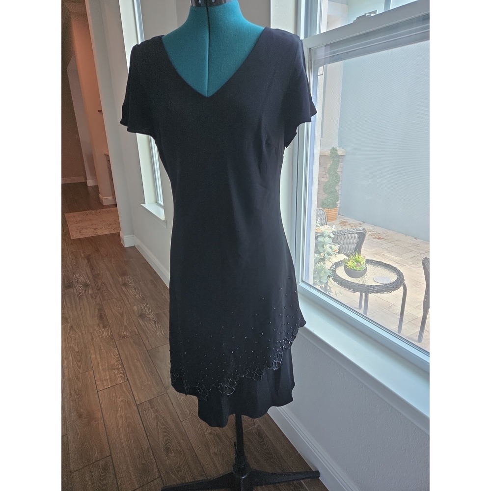 S.L. Fashion Special Occasion Dress Womens 14 Black Beaded V Neck Flutter Sleeve